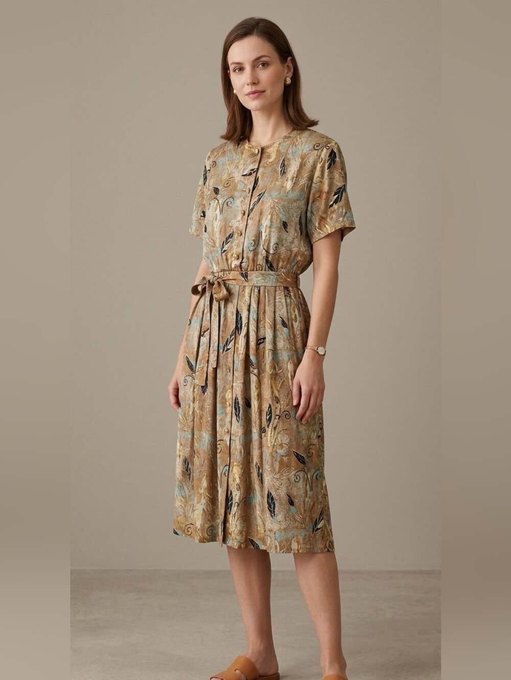 Vintage Button-Down Midi Dress Abstract Leaf Print Short Sleeves Lightweight